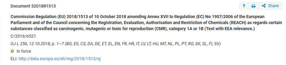 Đăng ký 72 của Quy định (EU) 2018/1513 của Ủy ban sửa đổi Phụ lục XVII của Quy định REACH (EC) No 1907/2006