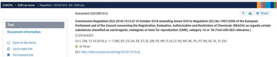 Đăng ký 72 của Quy định (EU) 2018/1513 của Ủy ban sửa đổi Phụ lục XVII của Quy định REACH (EC) No 1907/2006